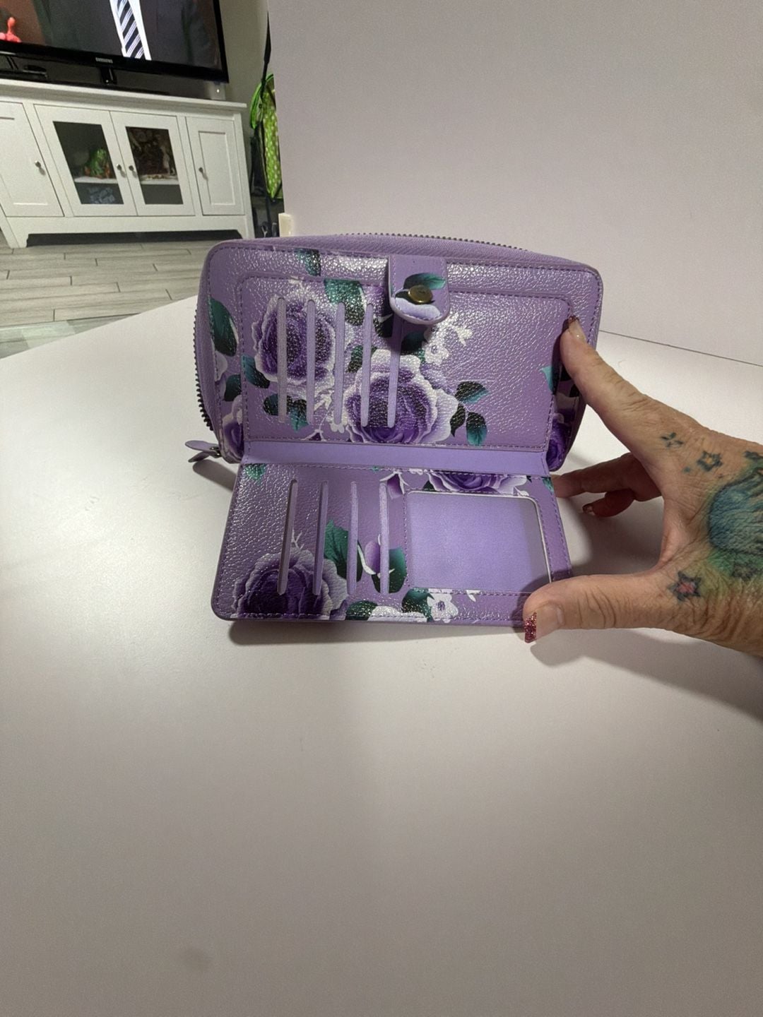 Floral Purple Detachable Magnetic 2-in-1 Wallet Phone Case with Zipper Pocket and Card Slots 2
