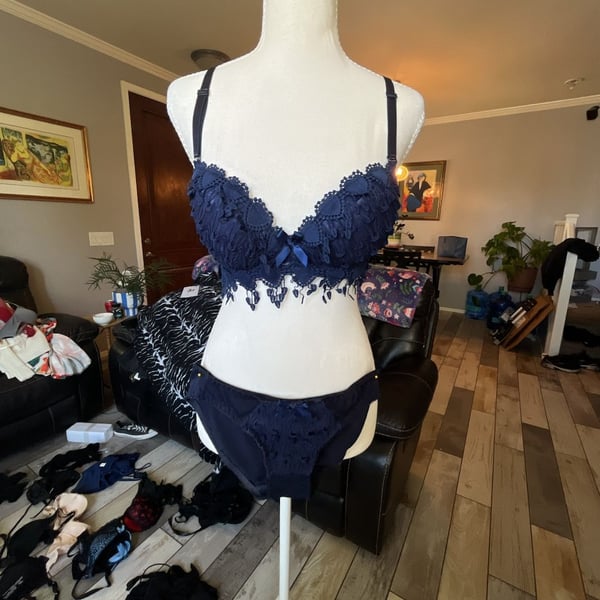 Women's Navy Blue Lace Heart-Trim Underwired Bra and Panty Lingerie Set