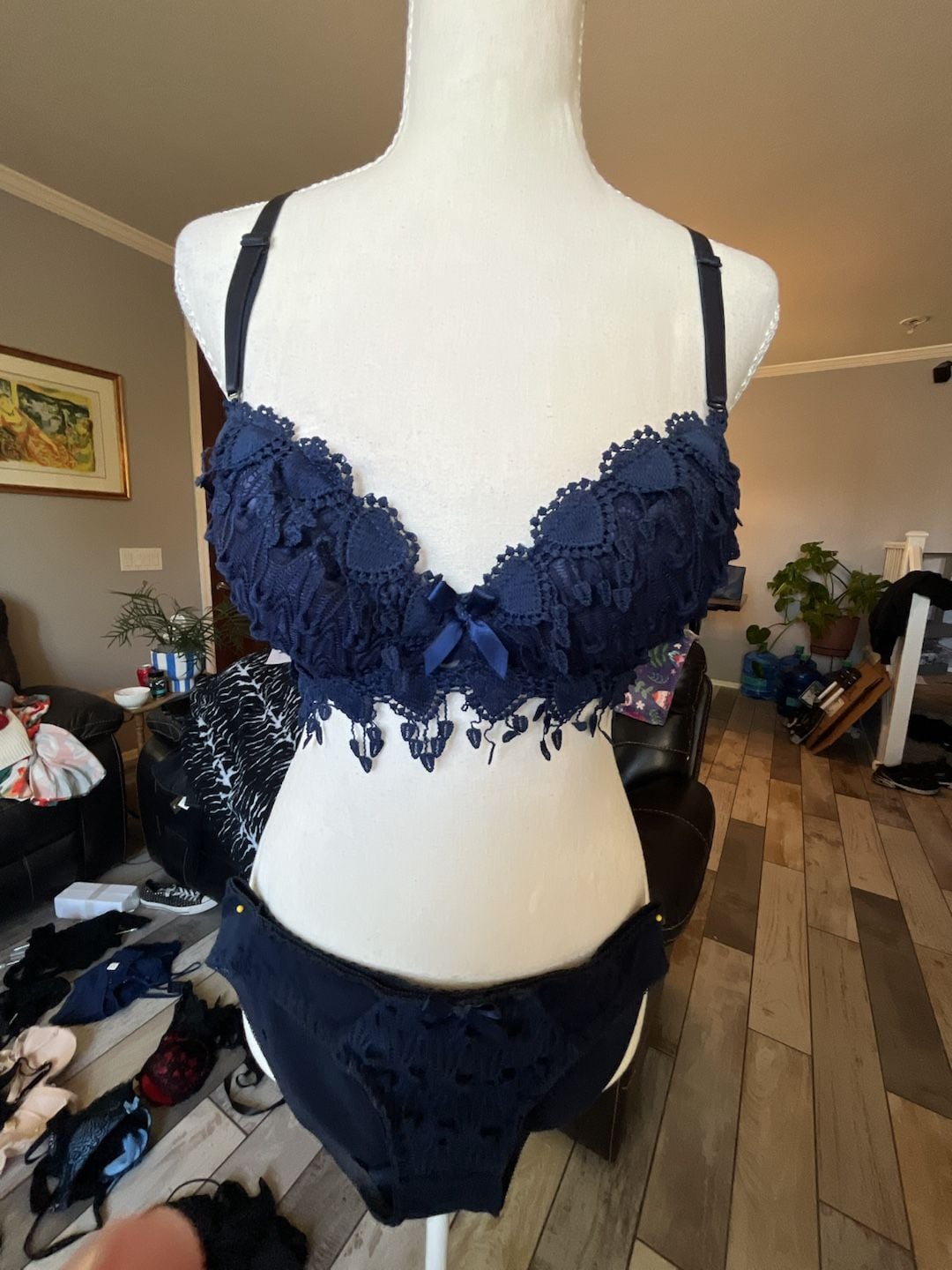 Women's Navy Blue Lace Heart-Trim Underwired Bra and Panty Lingerie Set 2