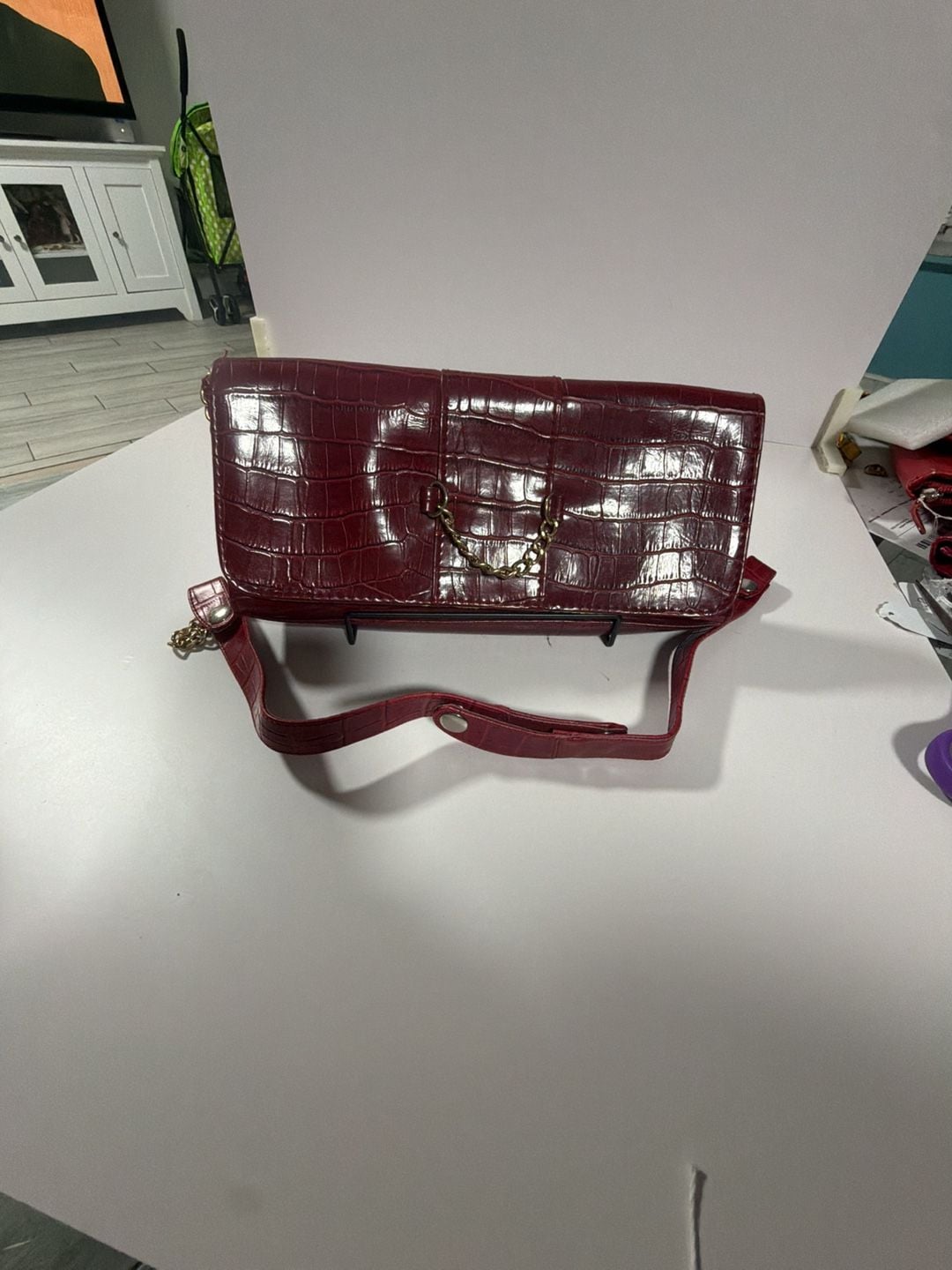 Burgundy Faux Leather Mock Croc Evening Clutch with Gold Chain Detail 1