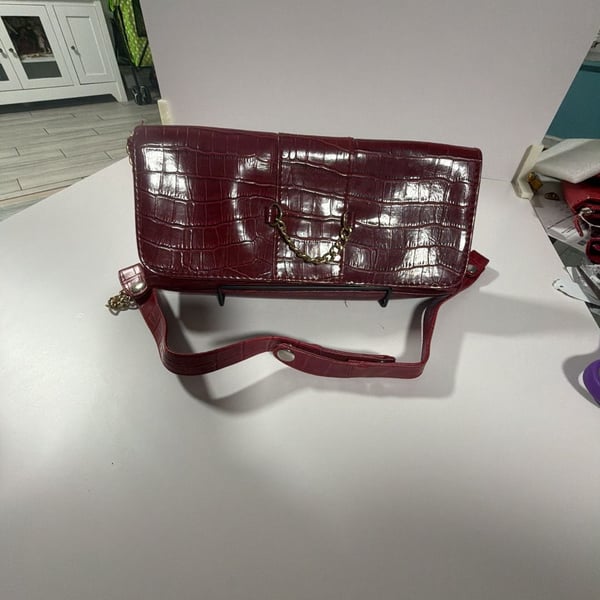 Burgundy Faux Leather Mock Croc Evening Clutch with Gold Chain Detail