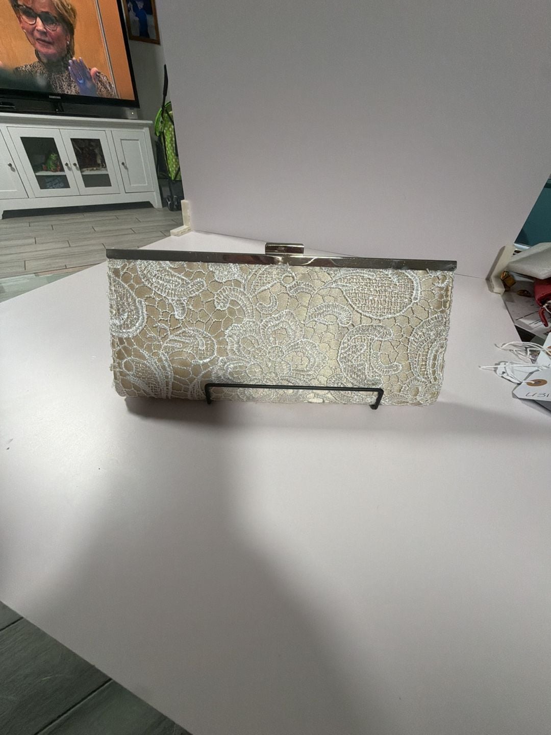 Style & Co. Ivory Lace Overlay Hard Shell Clutch Bag 1