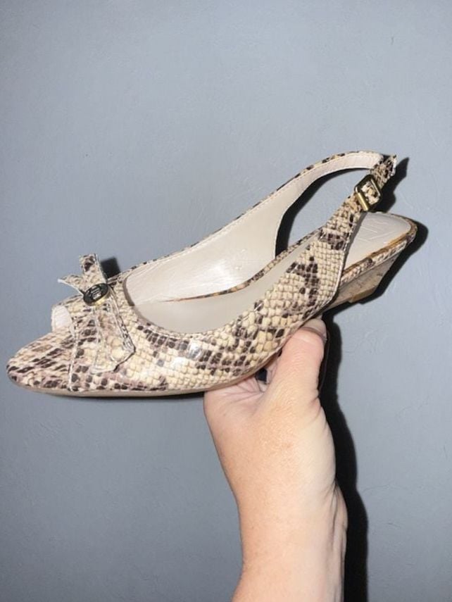 Etienne Aigner Snakeskin Print Peep-Toe Slingback Cork Wedge Sandals 1