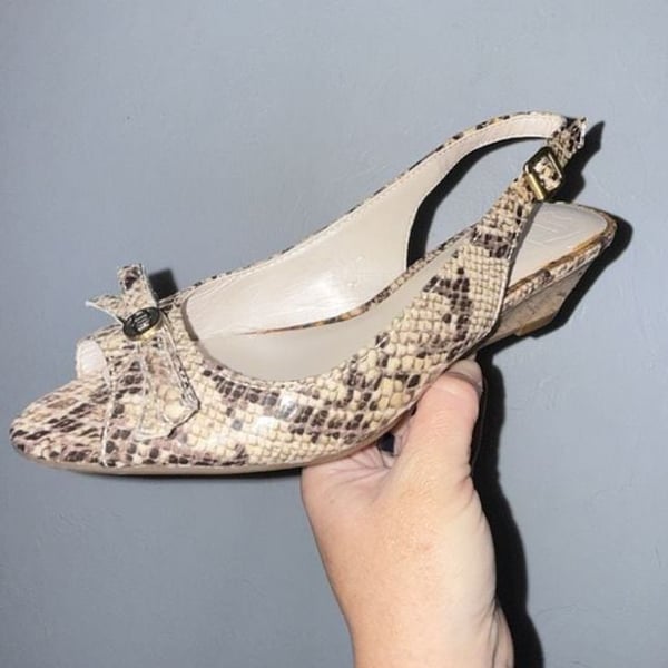 Etienne Aigner Snakeskin Print Peep-Toe Slingback Cork Wedge Sandals