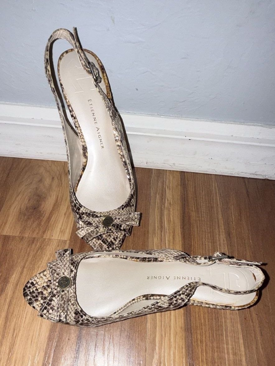 Etienne Aigner Snakeskin Print Peep-Toe Slingback Cork Wedge Sandals 2