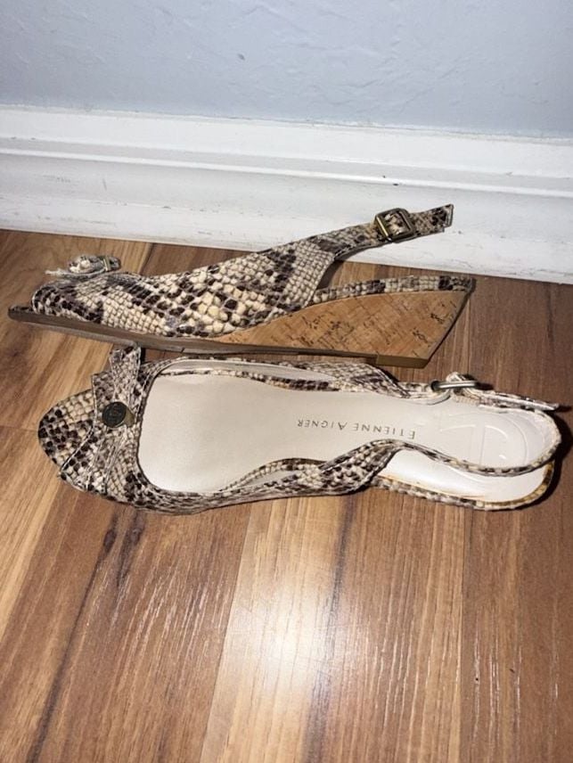 Etienne Aigner Snakeskin Print Peep-Toe Slingback Cork Wedge Sandals 3
