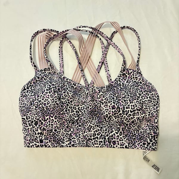 Victoria Sport Strappy Back Sports Bra in Purple and Black Cheetah Print