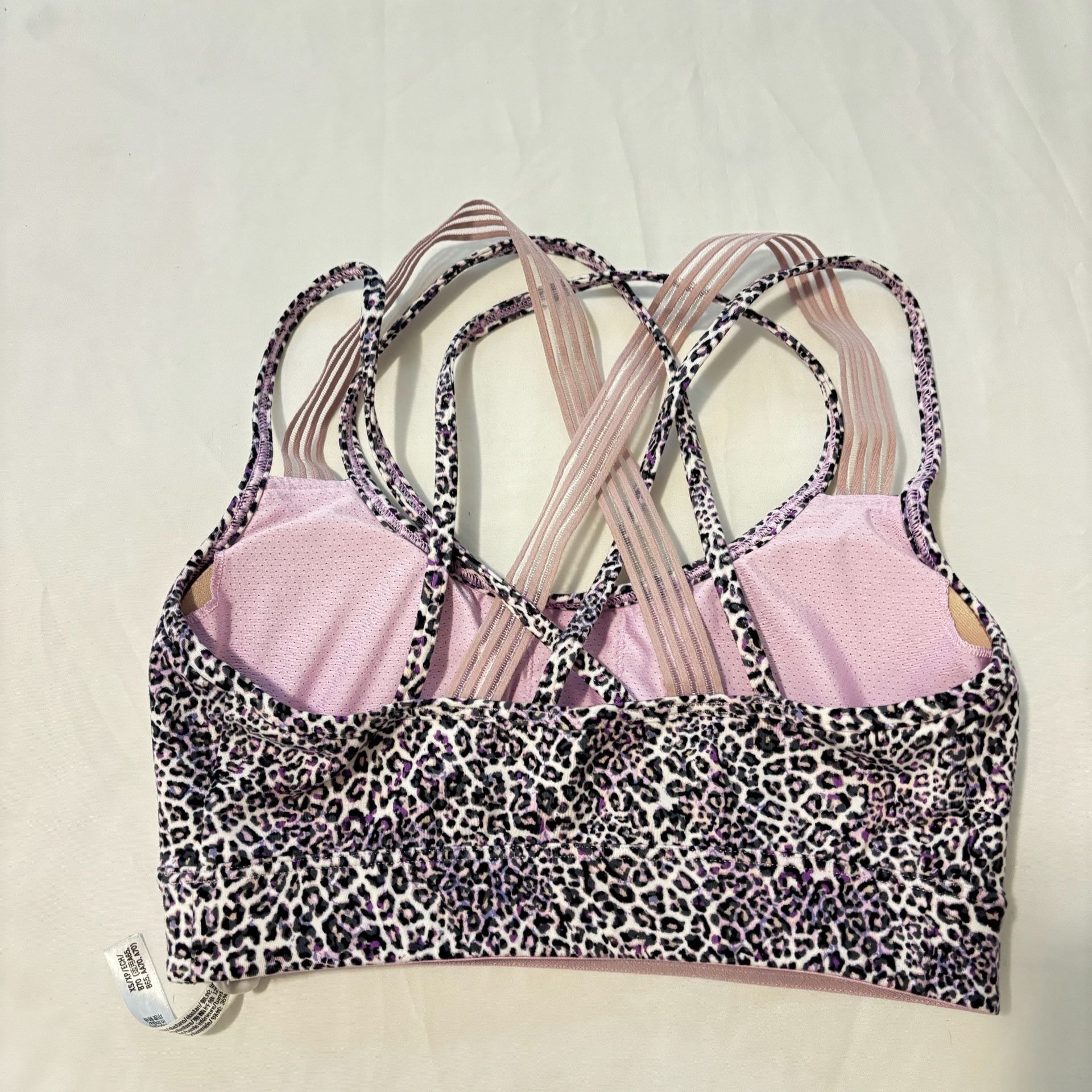 Victoria Sport Strappy Back Sports Bra in Purple and Black Cheetah Print 2