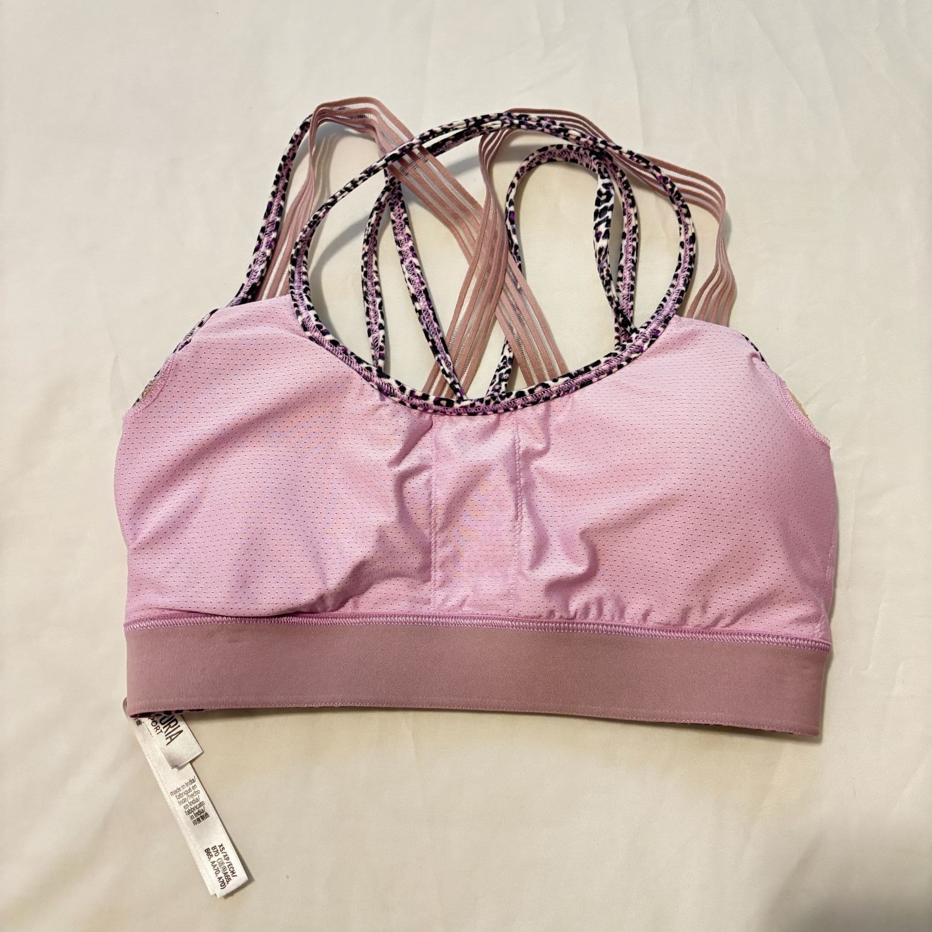 Victoria Sport Strappy Back Sports Bra in Purple and Black Cheetah Print 3