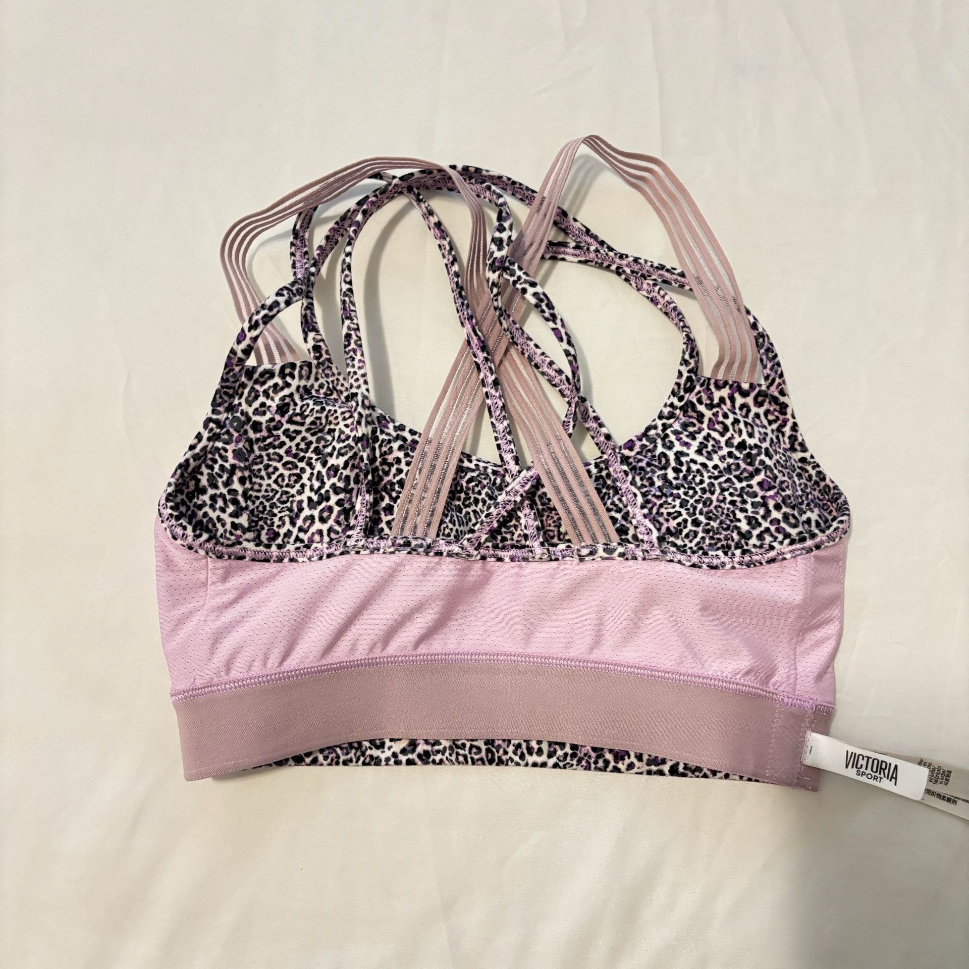 Victoria Sport Strappy Back Sports Bra in Purple and Black Cheetah Print 4