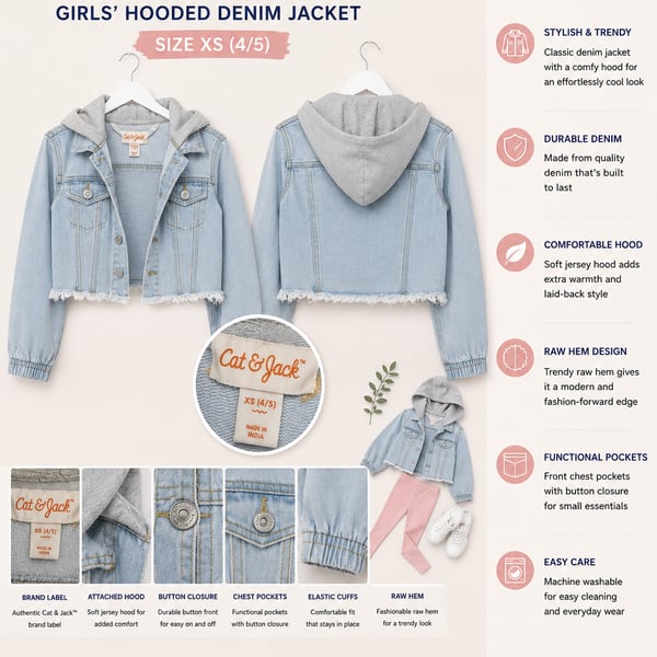 Cat & Jack Girls' Hooded Denim Jacket with Raw Hem, Size XS (4/5)