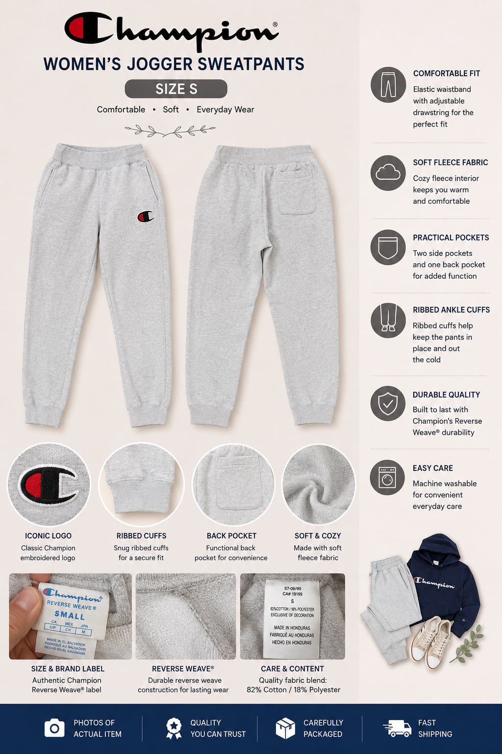 Champion Reverse Weave Women's Jogger Sweatpants in Light Gray, Size Small 1