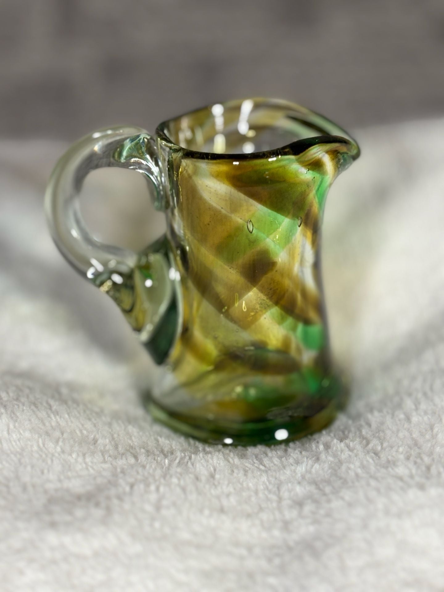 Vintage Hand-Blown Green and Yellow Swirl Art Glass Small Pitcher 1