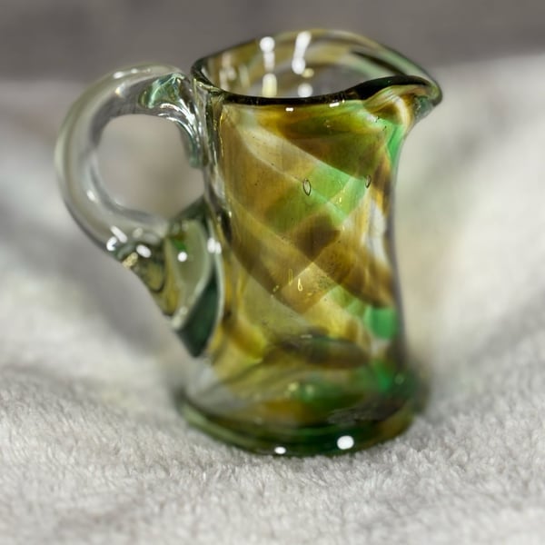 Vintage Hand-Blown Green and Yellow Swirl Art Glass Small Pitcher
