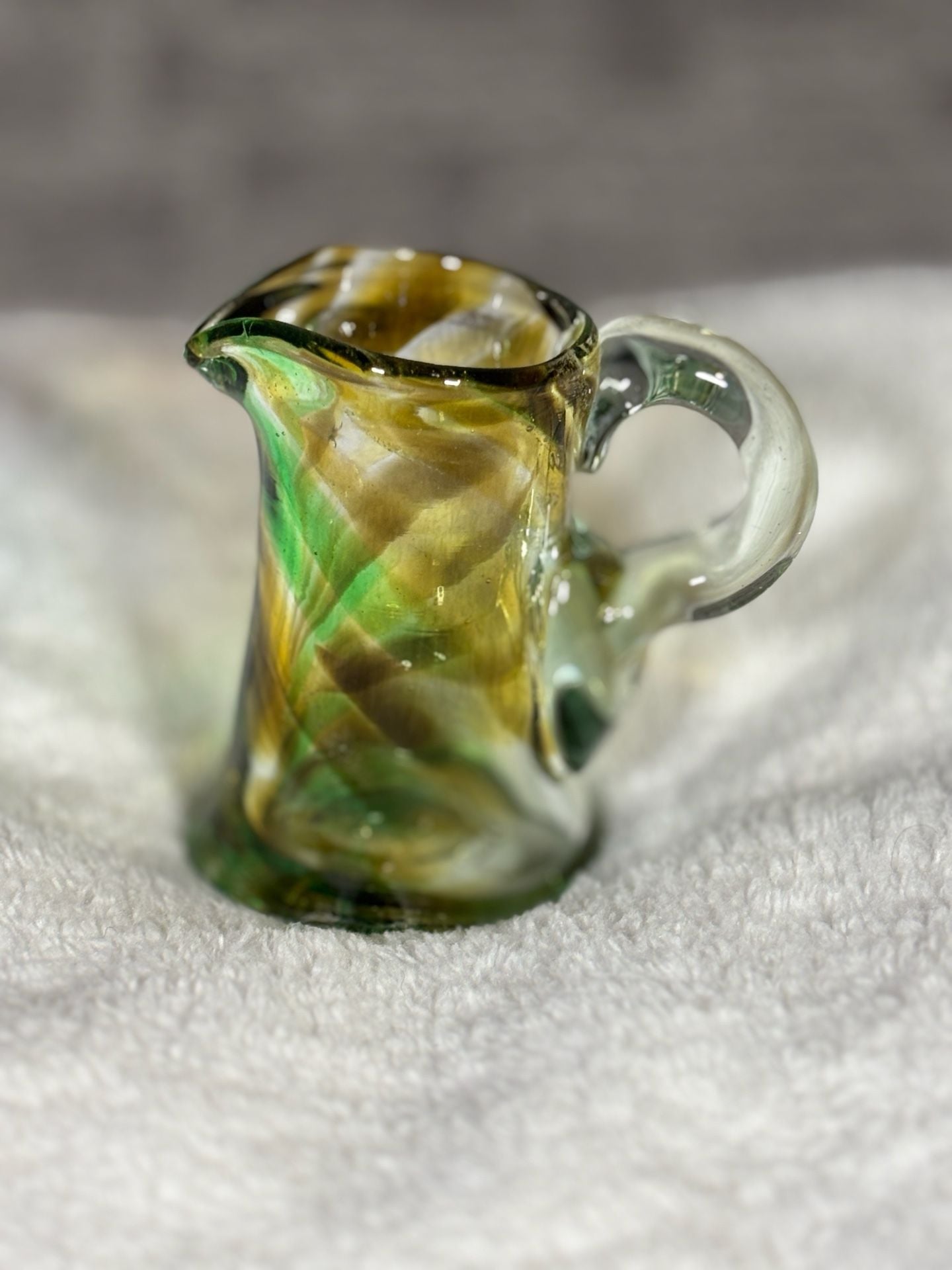 Vintage Hand-Blown Green and Yellow Swirl Art Glass Small Pitcher 2