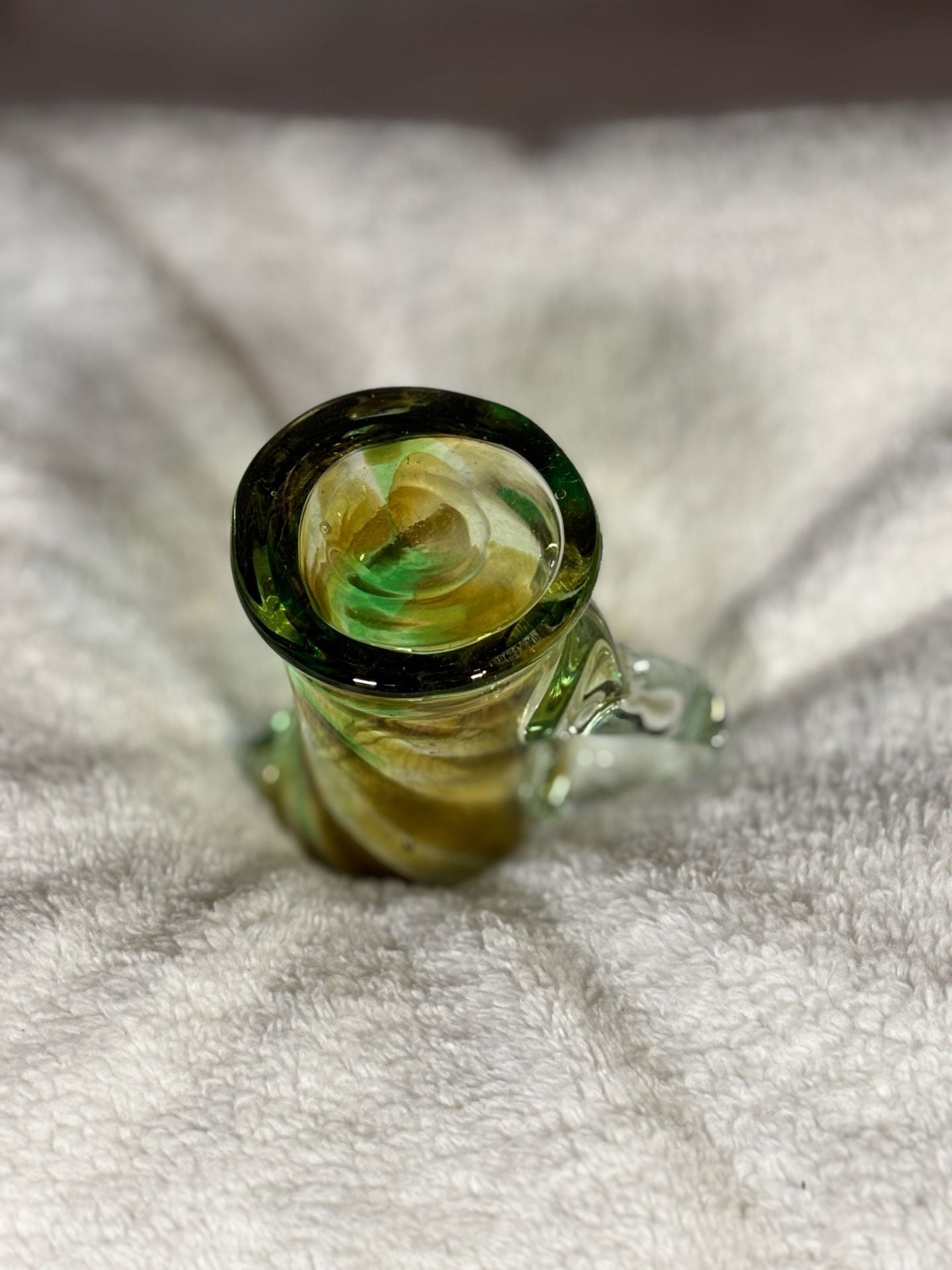 Vintage Hand-Blown Green and Yellow Swirl Art Glass Small Pitcher 3