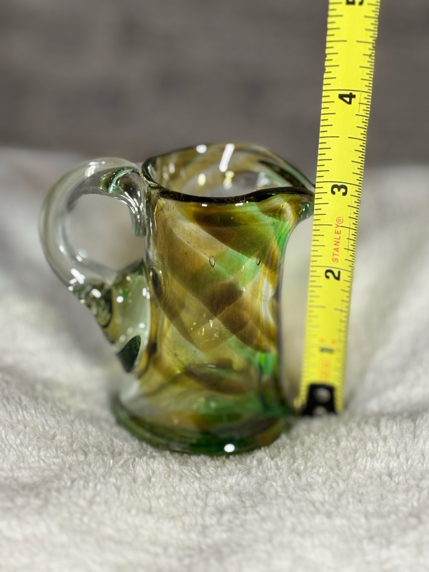 Vintage Hand-Blown Green and Yellow Swirl Art Glass Small Pitcher 4