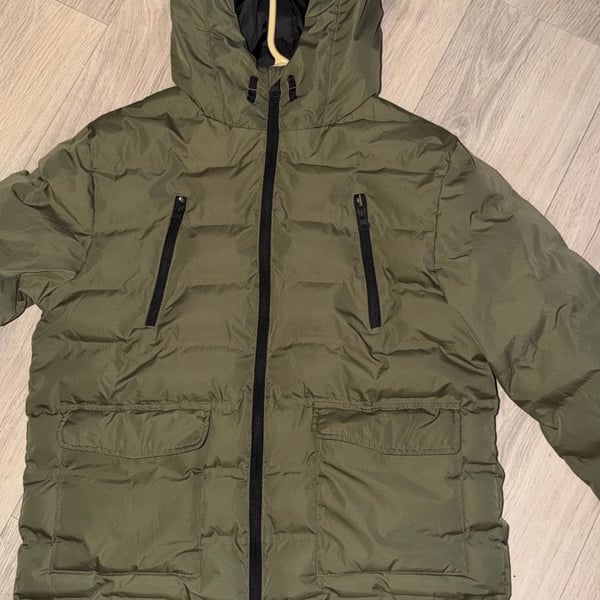 Mango Boys Pocket Quilted Hooded Puffer Jacket in Khaki Green