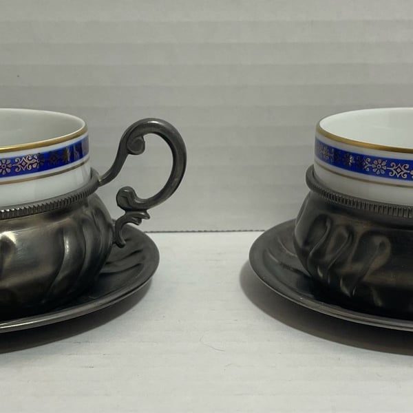 Set of Italian Pewter Demitasse Cup Holder Saucers &Kronester Bavaria Porcelain