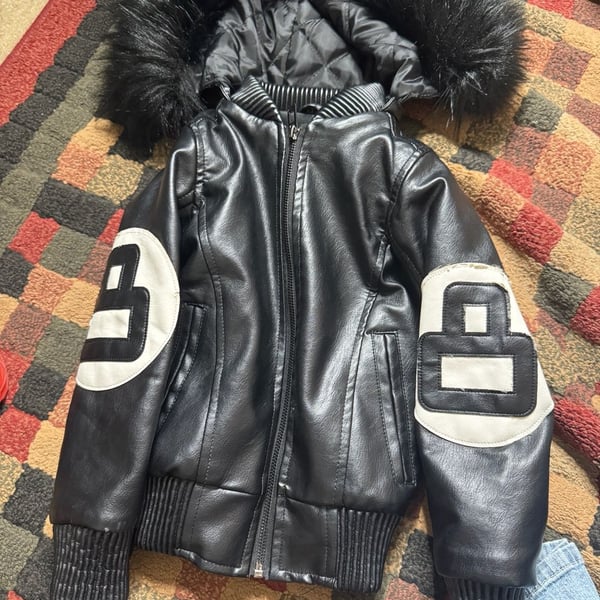 Robert Phillipe Kids Black 8 Ball Faux Leather Bomber Jacket with Fur Hood