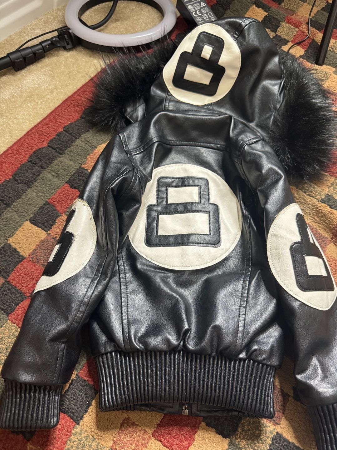 Robert Phillipe Kids Black 8 Ball Faux Leather Bomber Jacket with Fur Hood 7