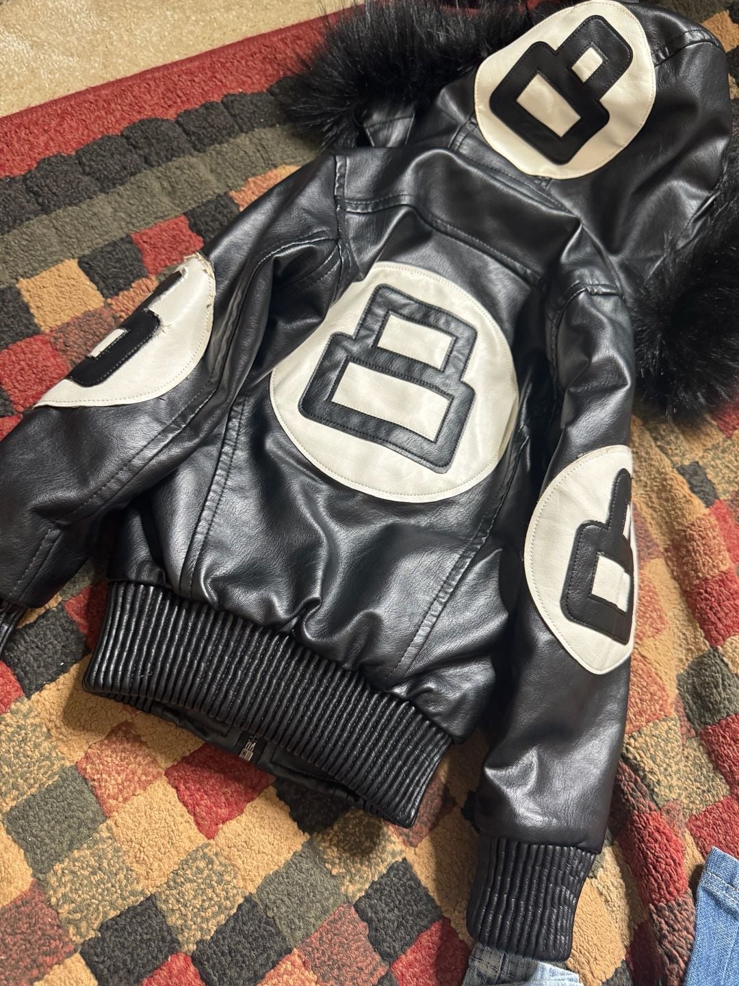 Robert Phillipe Kids Black 8 Ball Faux Leather Bomber Jacket with Fur Hood 8