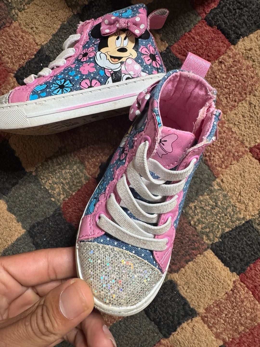 Disney "Minnie Mouse" High Tops Pink sparkles girls SZ 7 M Slip-on zipper side 2