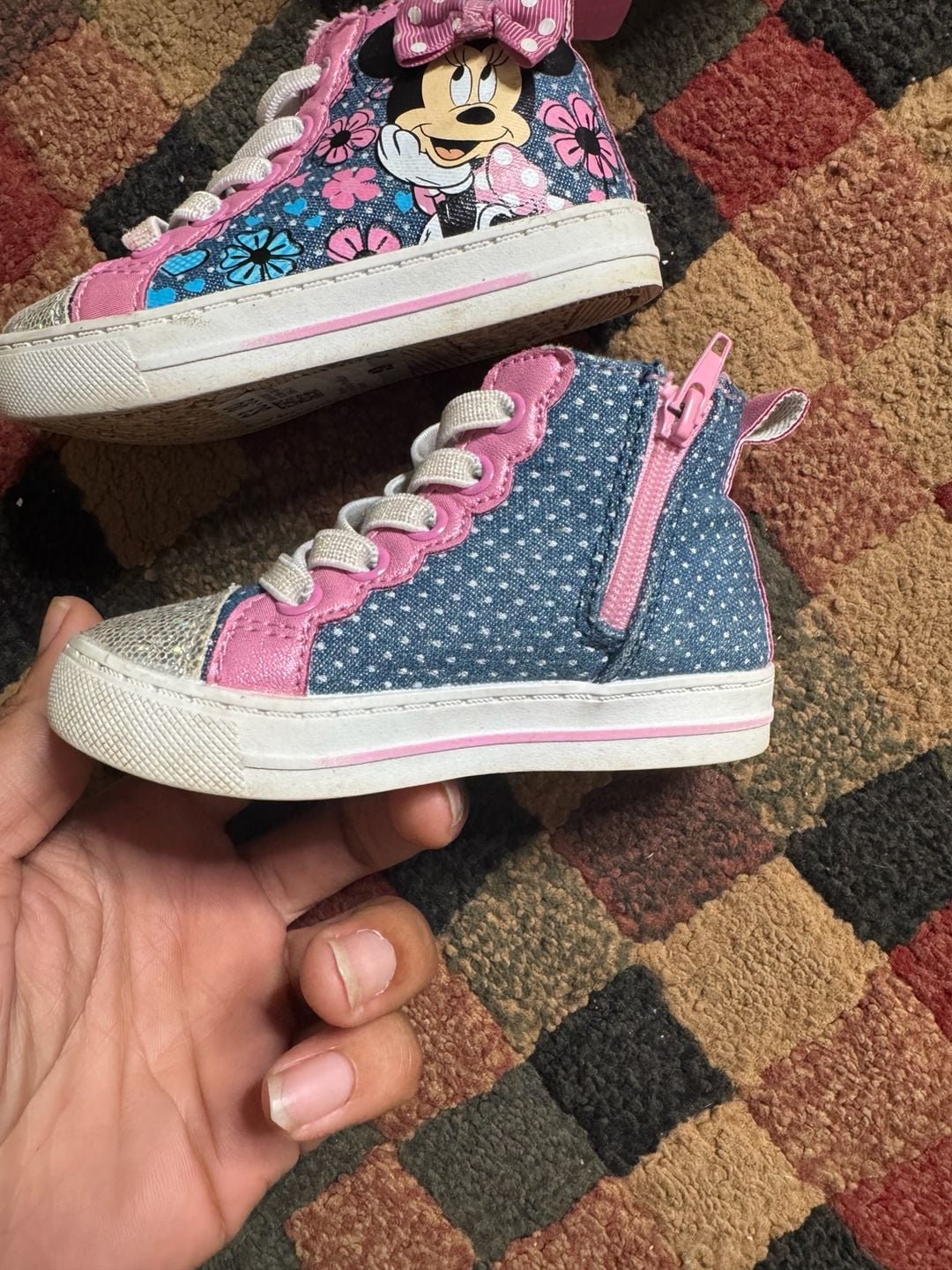 Disney "Minnie Mouse" High Tops Pink sparkles girls SZ 7 M Slip-on zipper side 4