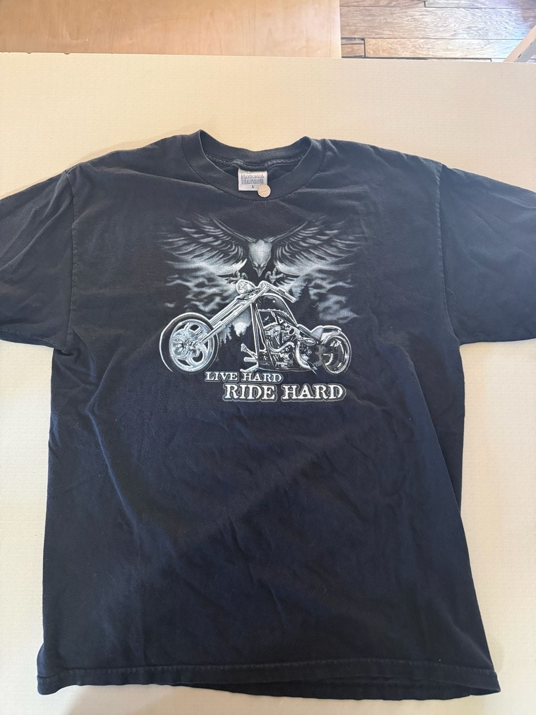 National Heritage Live Hard Ride Hard Motorcycle Eagle Graphic T-Shirt Black 2