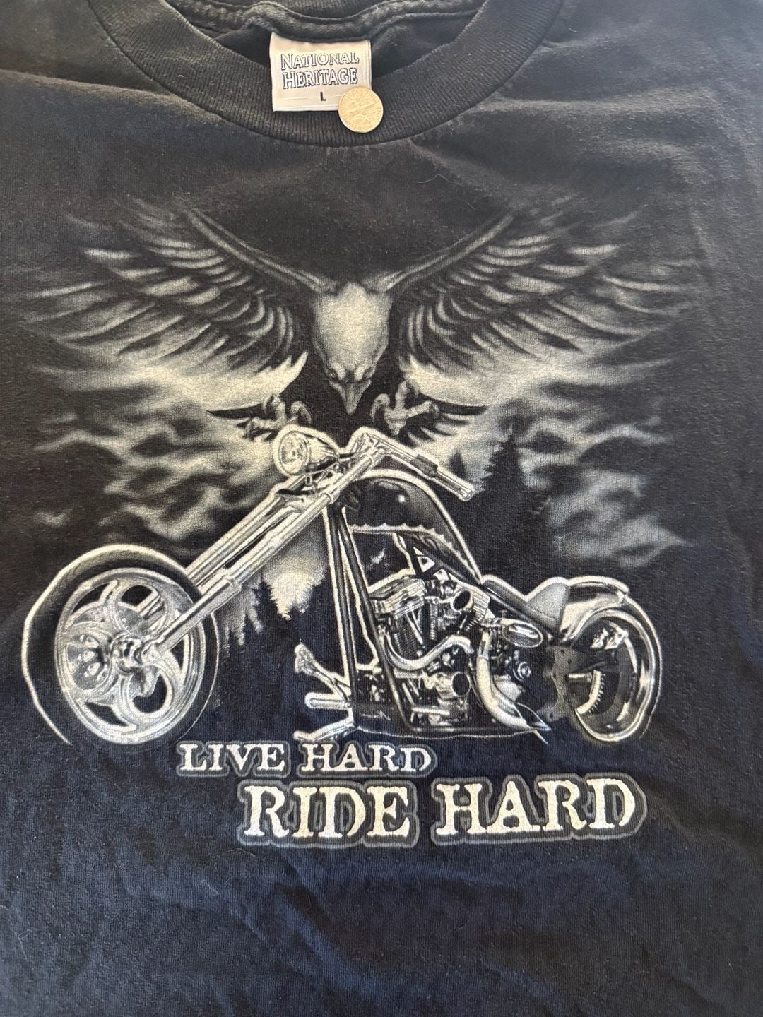 National Heritage Live Hard Ride Hard Motorcycle Eagle Graphic T-Shirt Black 3