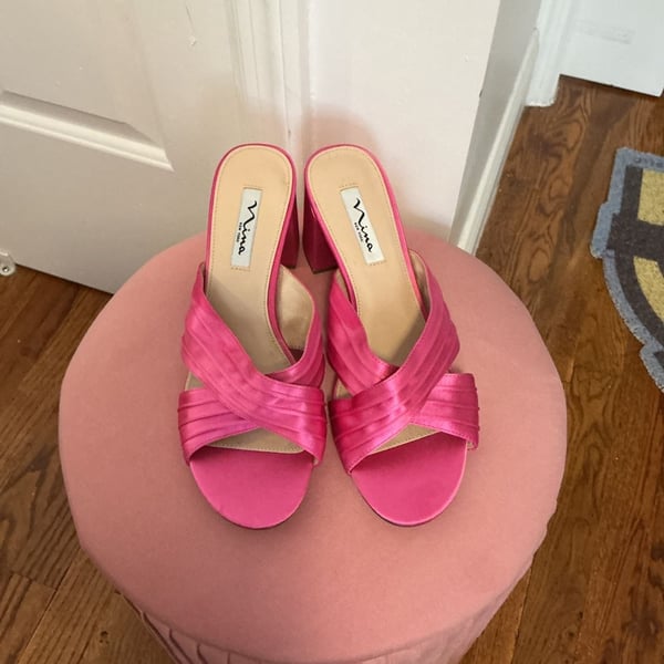 Nina New York Nayely Hot Pink Satin Pleated Block Heel Slide Sandals