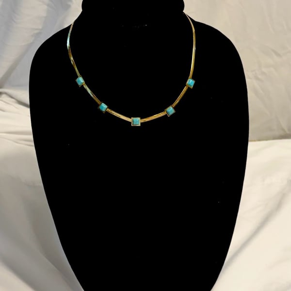 Gold-Tone Stainless Steel Snake Chain Choker Necklace with Blue Stone Accents 
