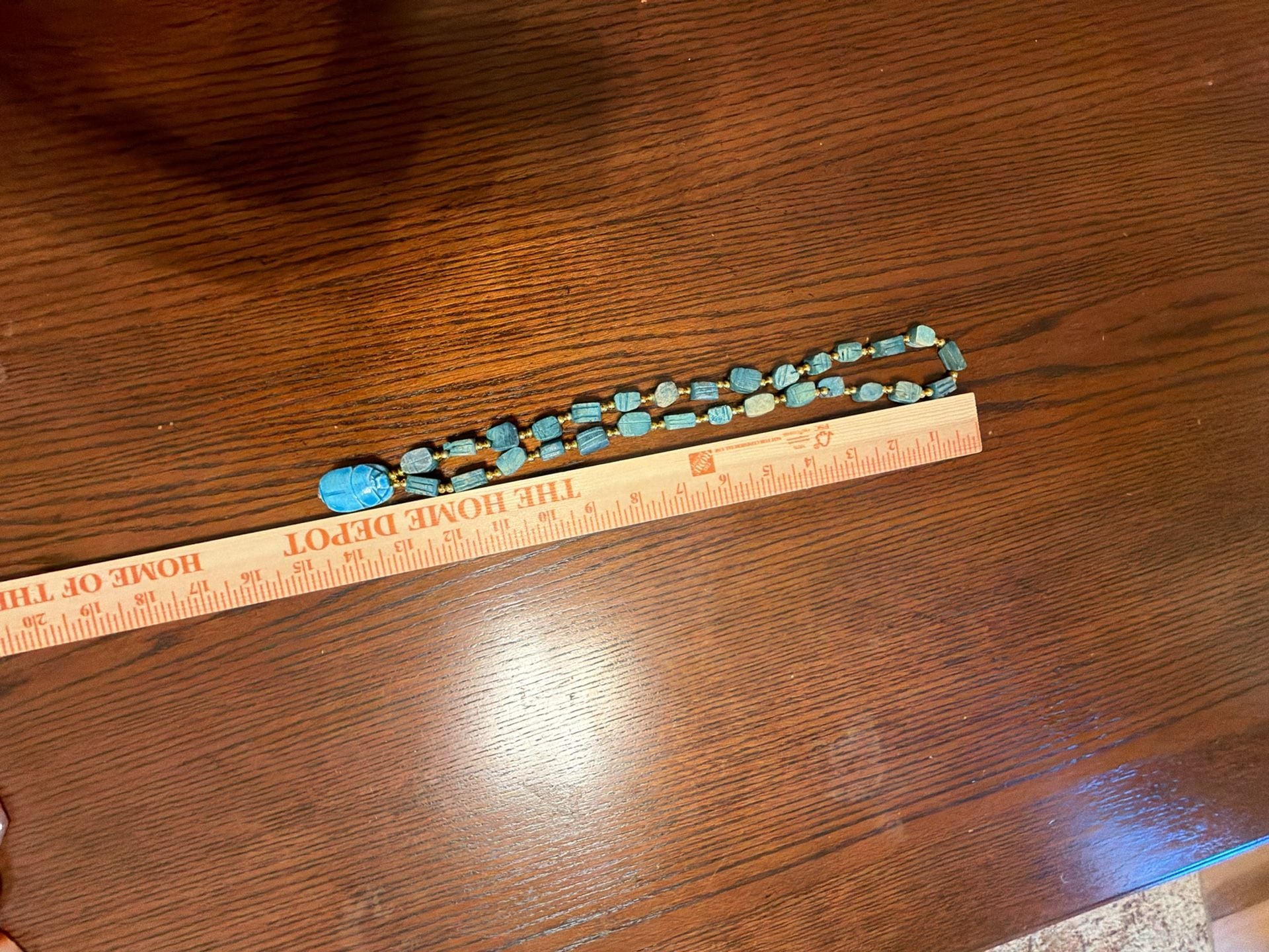 1930s 14” Antique Hand Carved Baked Turquoise Glaze Egyptian Scarab Necklace 3