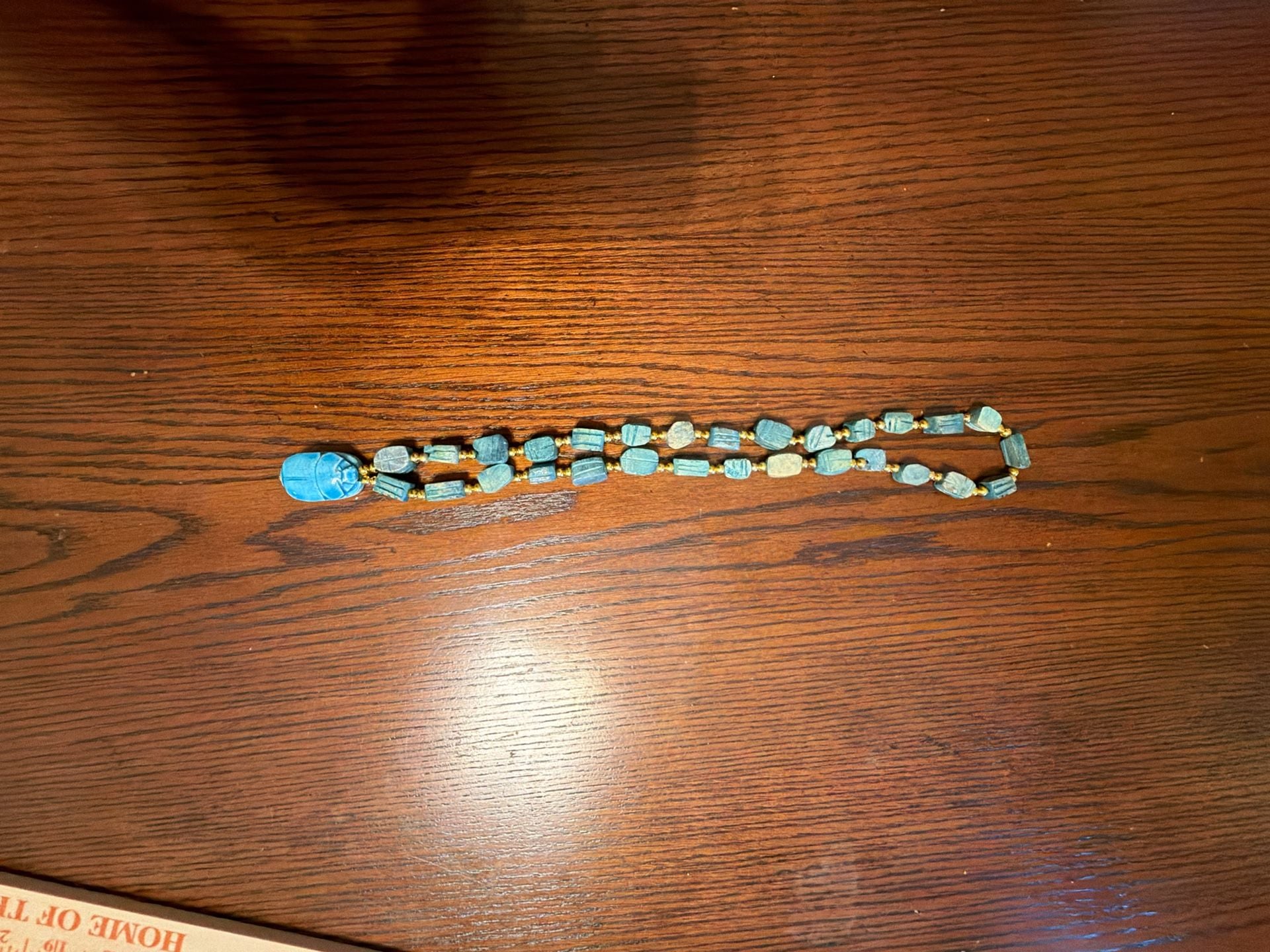 1930s 14” Antique Hand Carved Baked Turquoise Glaze Egyptian Scarab Necklace 2