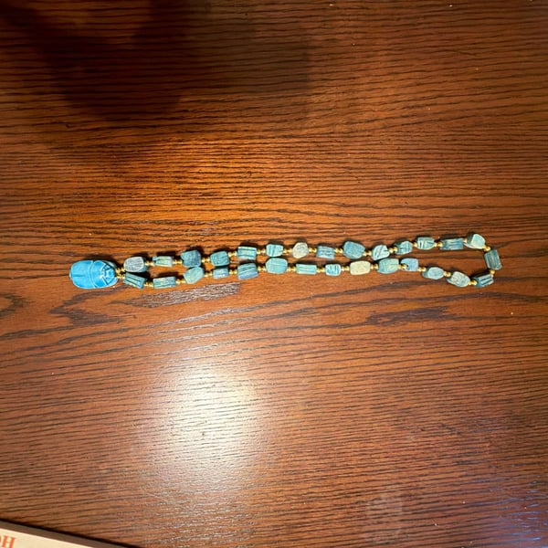 1930s 14” Antique Hand Carved Baked Turquoise Glaze Egyptian Scarab Necklace