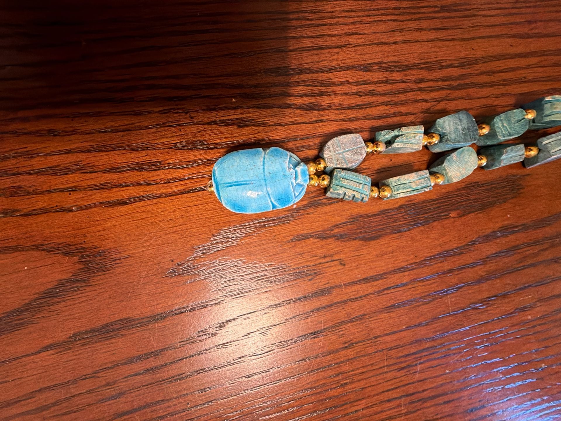1930s 14” Antique Hand Carved Baked Turquoise Glaze Egyptian Scarab Necklace 4