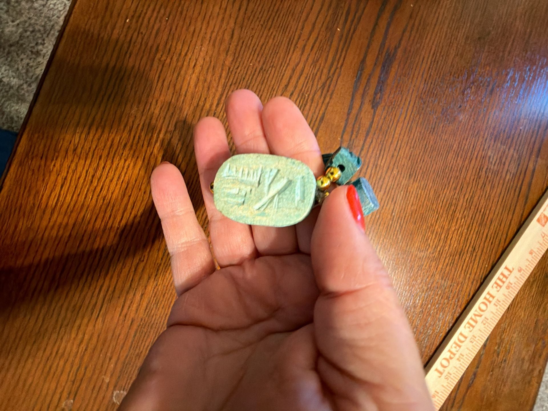 1930s 14” Antique Hand Carved Baked Turquoise Glaze Egyptian Scarab Necklace 6