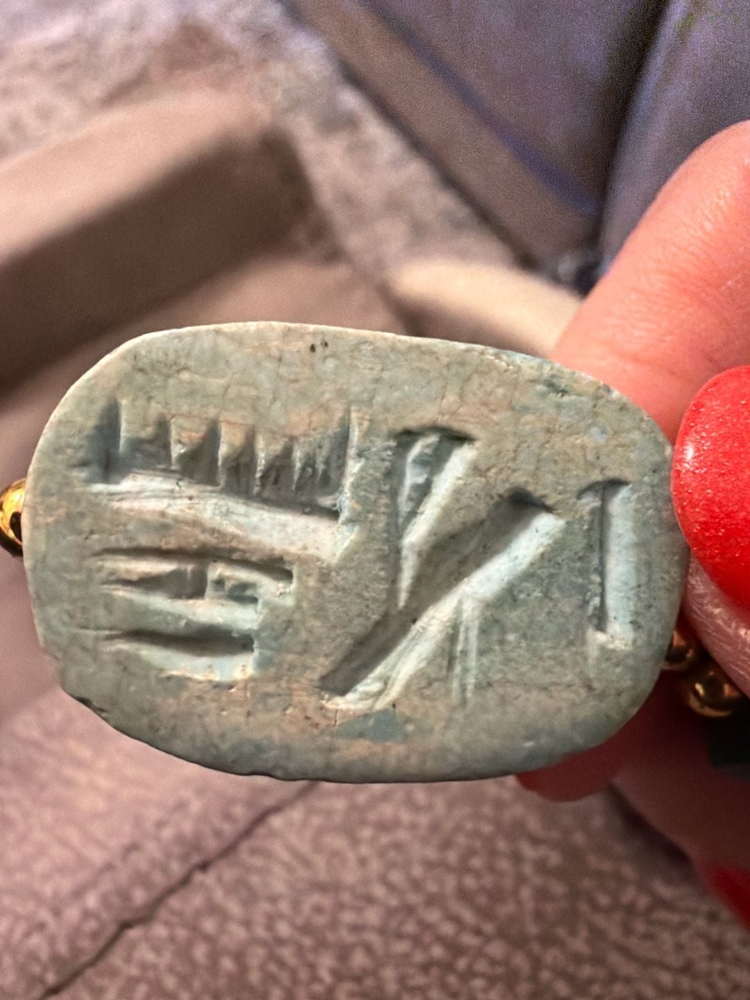 1930s 14” Antique Hand Carved Baked Turquoise Glaze Egyptian Scarab Necklace 7