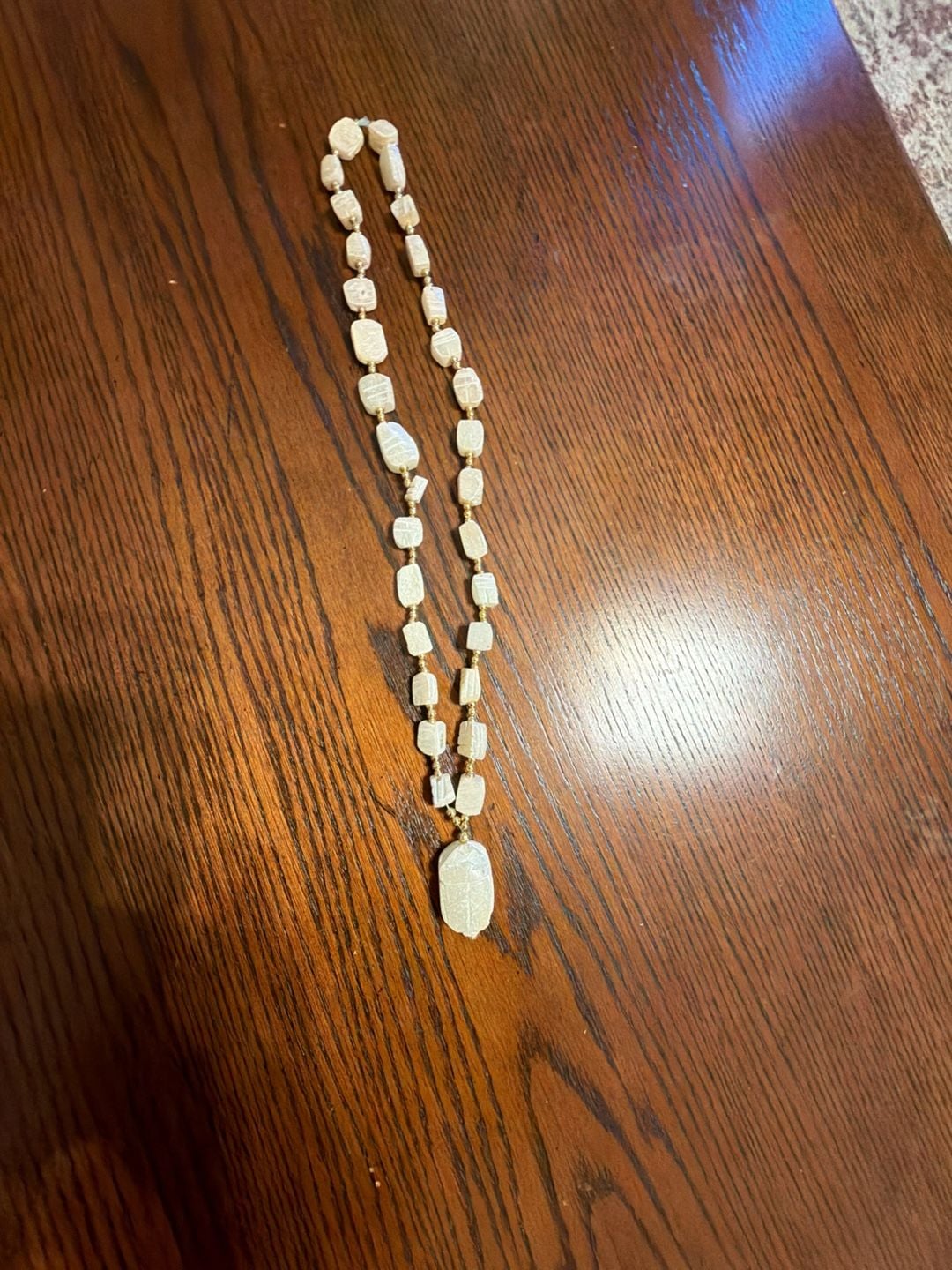 Vintage Egyptian Scarab Pendant Necklace: Selenite & Gold Tone Beads 14” 2