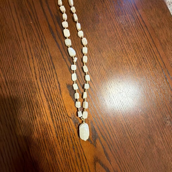 Vintage Egyptian Scarab Pendant Necklace: Selenite & Gold Tone Beads 14”
