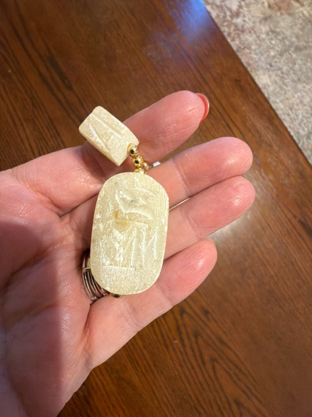 Vintage Egyptian Scarab Pendant Necklace: Selenite & Gold Tone Beads 14” 4