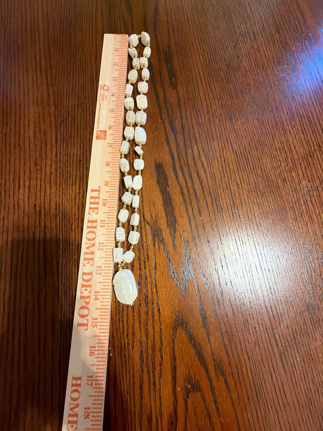 Vintage Egyptian Scarab Pendant Necklace: Selenite & Gold Tone Beads 14” 6