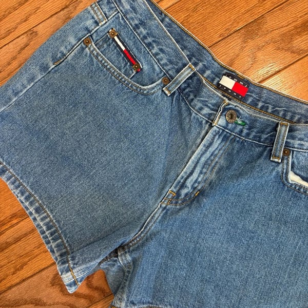 Vintage 90s Tommy Jeans High Waisted Denim Shorts with Flag Logo Patch