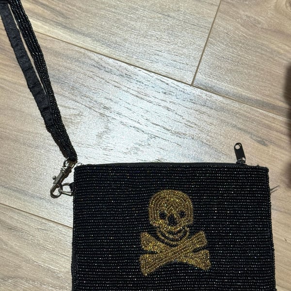 KC Malahan Beaded Skull and Crossbones Wristlet Pouch