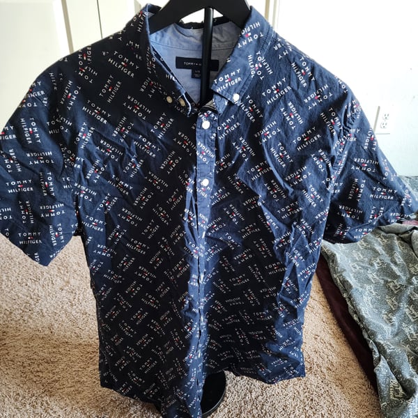 Tommy Hilfiger Men's Navy Blue All-Over Logo Print Short Sleeve Button-Down Shirt