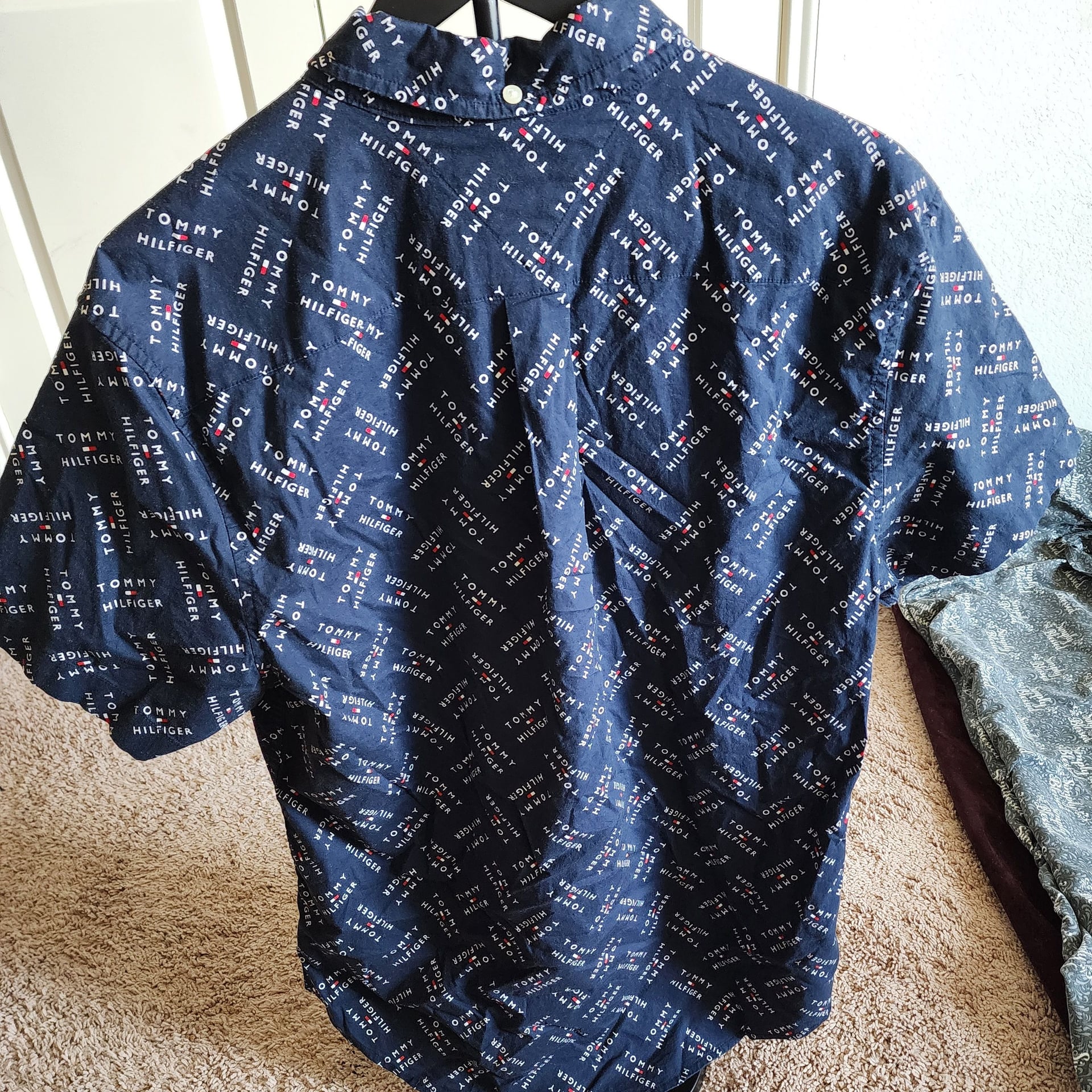 Tommy Hilfiger Men's Navy Blue All-Over Logo Print Short Sleeve Button-Down Shirt 3