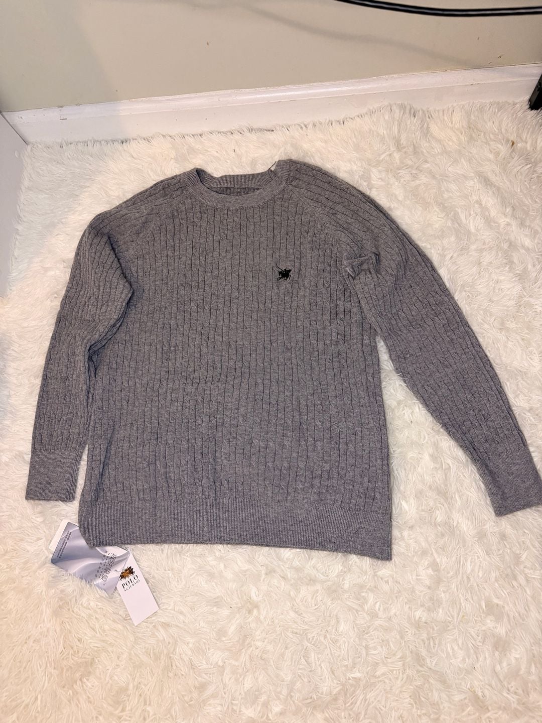 Polo Cable Knit Sweater Men's Medium Gray Pullover Wool Blend Winter Warm 3