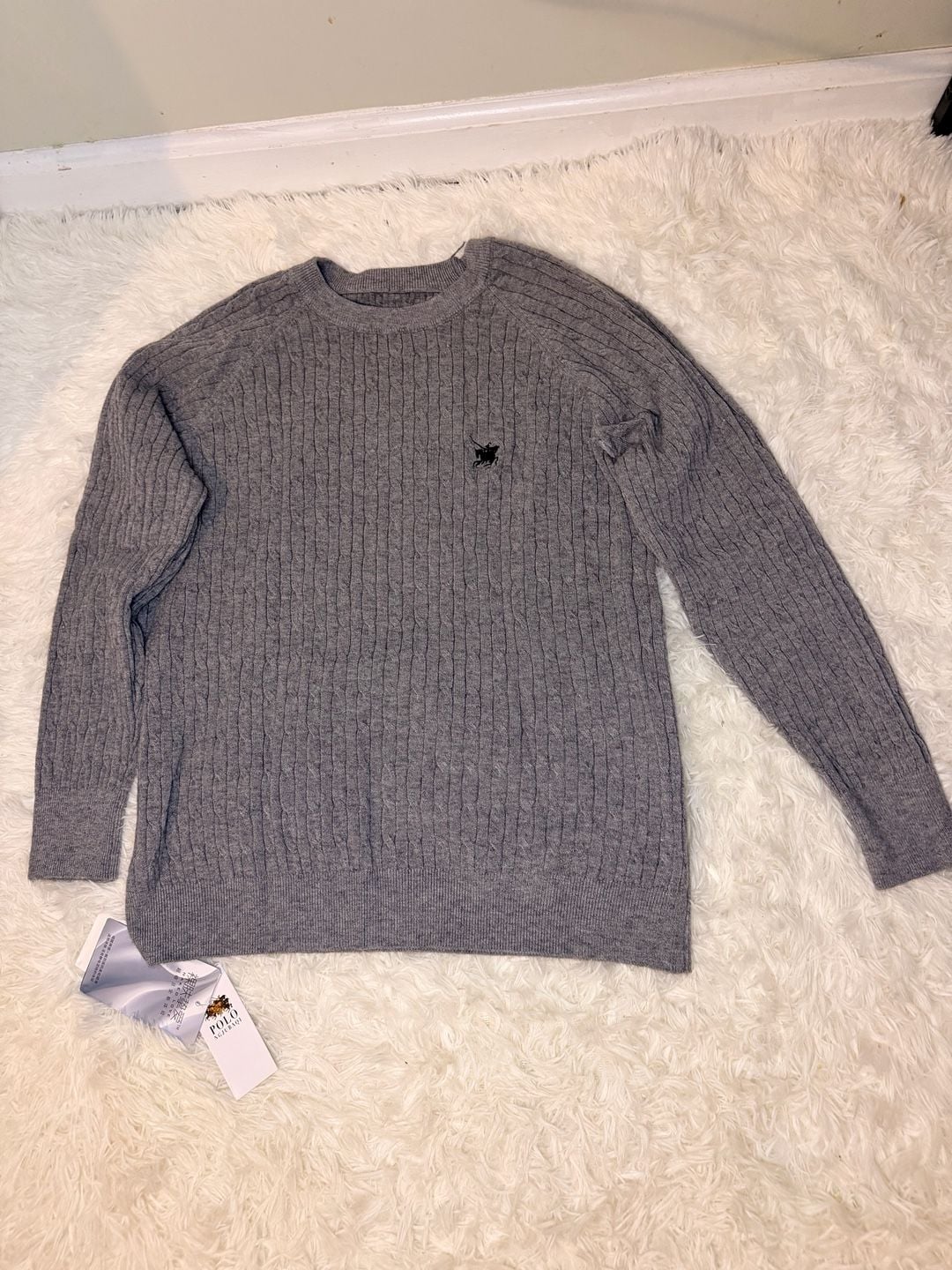 Polo Cable Knit Sweater Men's Medium Gray Pullover Wool Blend Winter Warm 6
