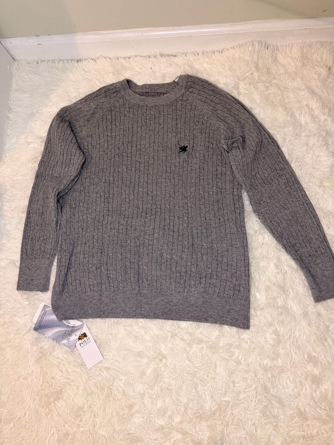 Polo Cable Knit Sweater Men's Medium Gray Pullover Wool Blend Winter Warm 2