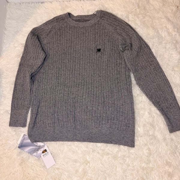 Polo Cable Knit Sweater Men's Medium Gray Pullover Wool Blend Winter Warm